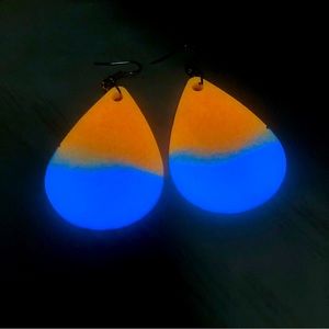 Glow-In-The Dark Tear Drop Earrings Orange/Blue Glow Hand Crafted Resin